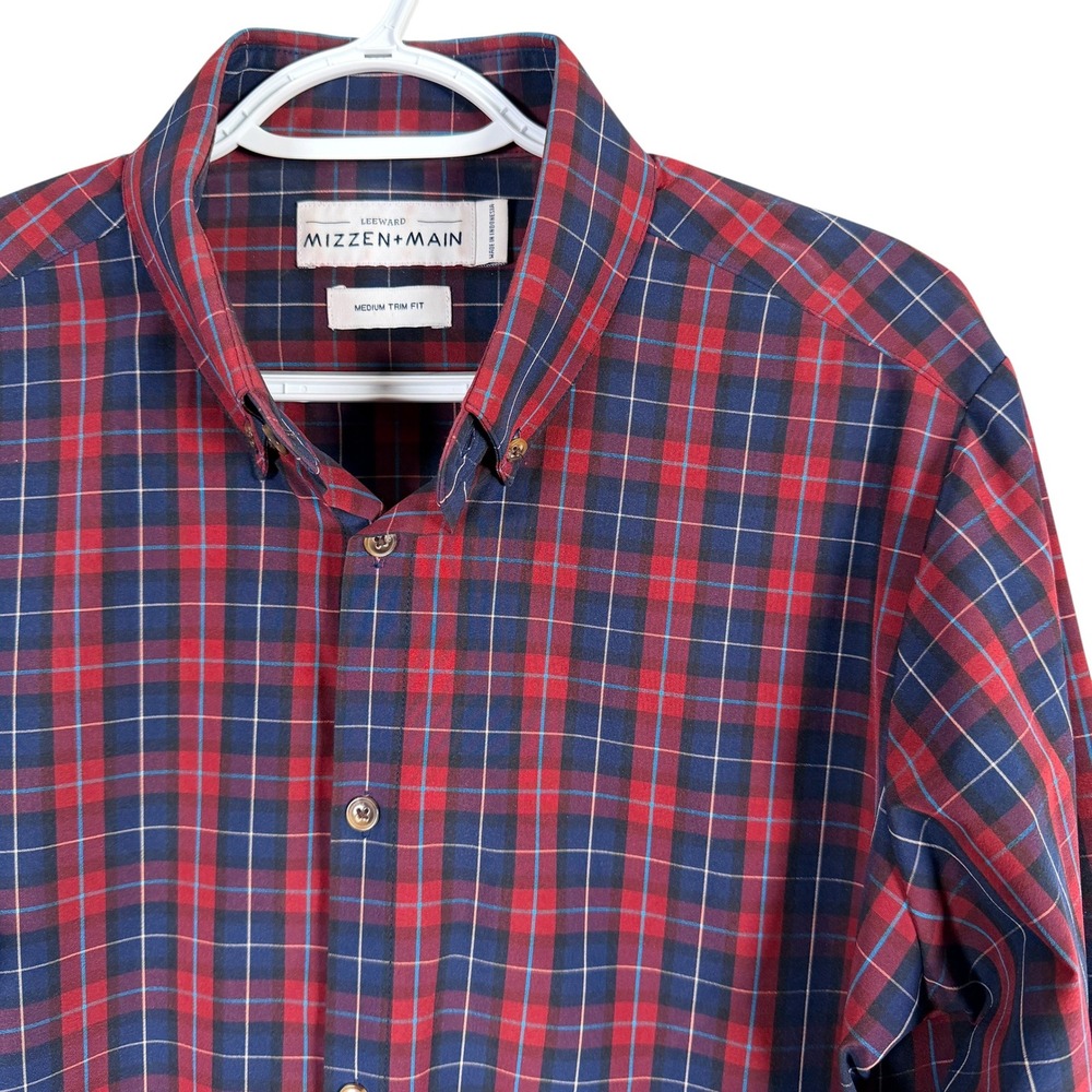 Mizzen+Main Leeward Dress Shirt Mens M Red Navy Blue Plaid Trim Fit Stretch L/S